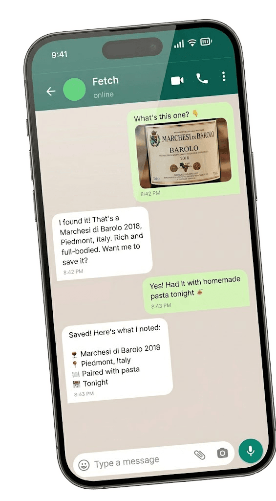 Fetch WhatsApp conversation showing wine identification and saving